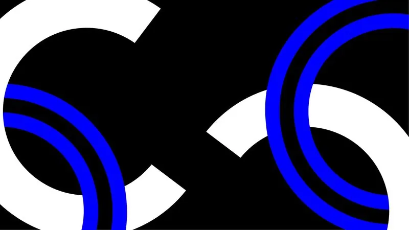 Concept 3 Interconnected — blue and white interlocking letterforms on black