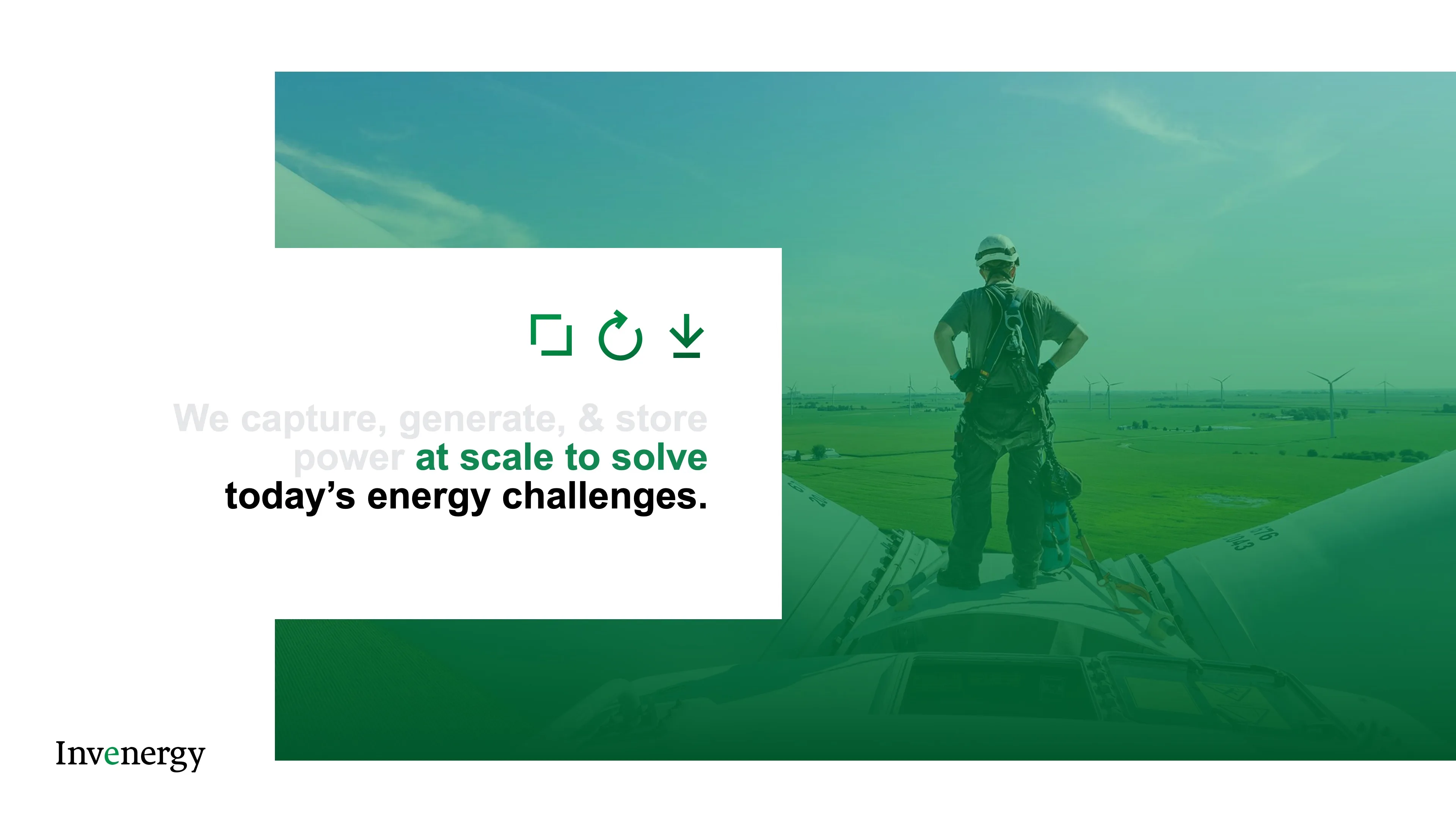 Invenergy wind turbine technician overlooking farm